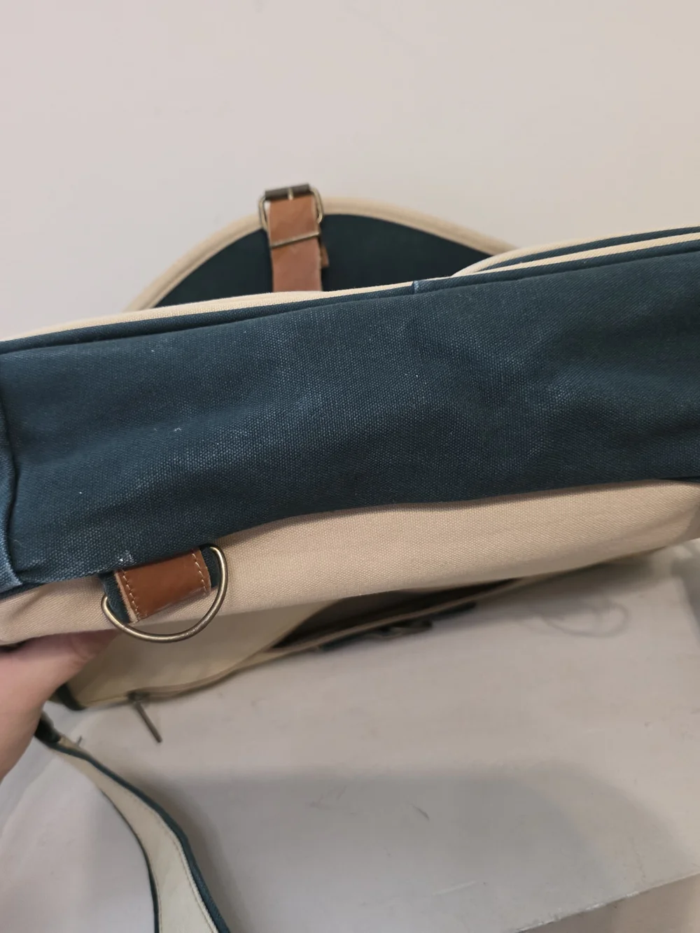 Dark Green Canvas Messenger Bag with Cream Trim